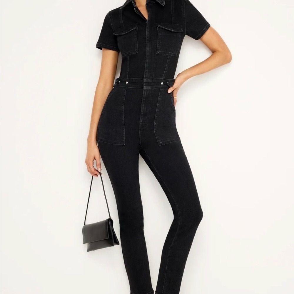 Good American Black Short-Sleeve Denim Jumpsuit